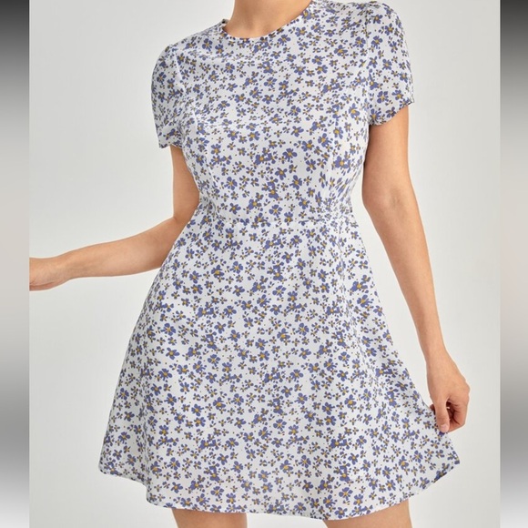 SHEIN Dresses & Skirts - SHEIN White Dress with Blue and Yellow Floral Pattern